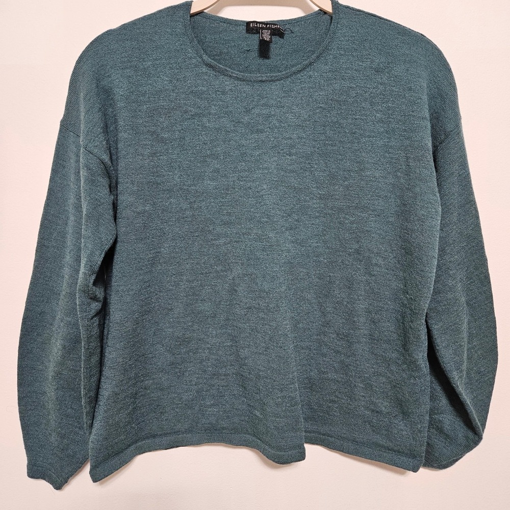 Eileen Fisher Teal 100% Wool Italian Sweater Quiet Luxury Boho Minimalist S